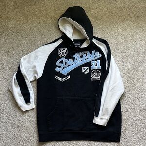 Vintage South Pole Black and White Y2K Men's Hoodie with Blue Accents